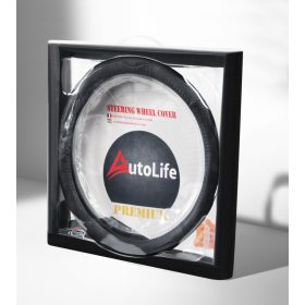   AUTOLIFE DW-5055BK Valódi bőr dobozos kormányvédő szellőző lyukacsos  Fekete varrásos  mintával 