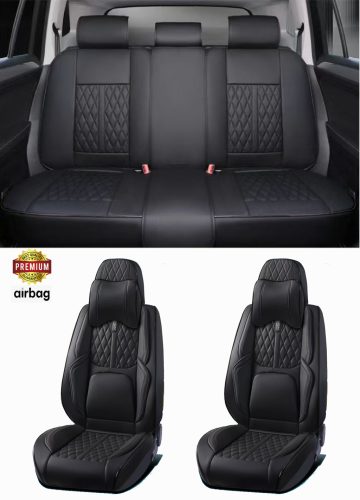 15 részes Prémium Magas minőségű Műbőr üléshuzat szett nyakpárnákkal - Légzsákos - Osztható - Fekete színben 80195