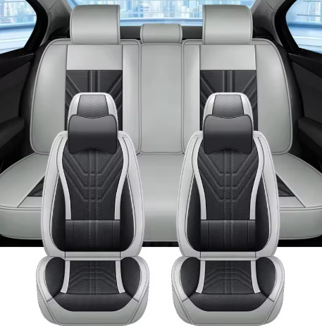 13 részes Prémium Magas minőségű Műbőr üléshuzat szett nyakpárnákkal - Légzsákos - Osztható - Fekete/Sötét szürke színben