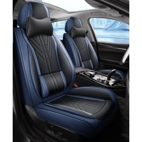   13 részes Prémium Magas minőségű Műbőr üléshuzat szett nyakpárnákkal - Légzsákos - Osztható - Fekete/Sötét kék színben 80193