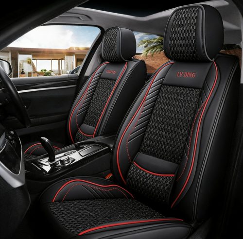 11 részes Prémium minőségű Ice Silk Kárpit/Műbőr üléshuzat szett - Légzsákos - Osztható - Fekete/Piros színben 
