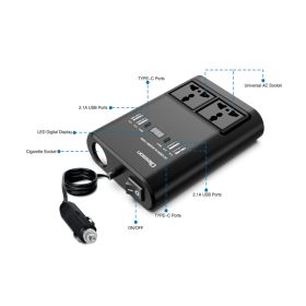   13276 12/24V Autós inverter 150W átalakító AC 220V-ra, 2 hálózati csatlakozóval, 4 USB - 2 Type-C porttal és 1 szivargyújtó aljzat