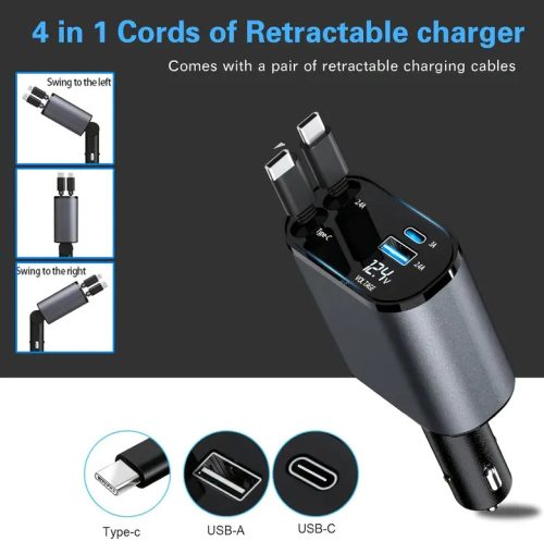 120W 4in1 autós töltő - Kihúzható kábellel TYPE-C + APPLE, PD USB Gyors töltés 12/24V
