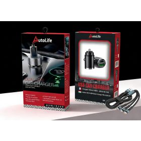    Autós gyorstöltő + 3in1 gyorstöltő kábel - 2 portos MAX 100W-os autós gyorstöltő adapter - 12/24V – USB-A + USB-C (PD/QC)