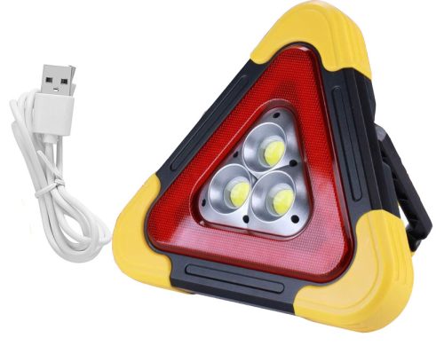 Figyelmeztető háromszög LED lámpa – többfunkciós, napelemes vészjelző, powerbank 24x27cm