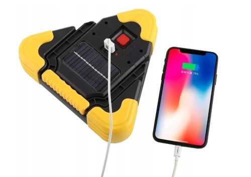 Figyelmeztető háromszög LED lámpa – többfunkciós, napelemes vészjelző, powerbank 24x27cm