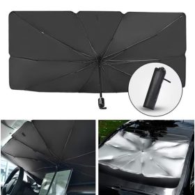   Összecsukható napernyő autóhoz, esernyő formájú, fekete-ezüst, 140 x 79 cm 2203