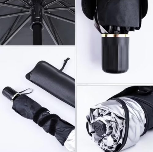 Összecsukható napernyő autóhoz, esernyő formájú, fekete-ezüst, 140 x 79 cm 2203
