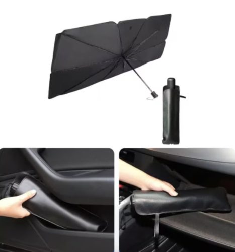 Összecsukható napernyő autóhoz, esernyő formájú, fekete-ezüst, 140 x 79 cm 2203