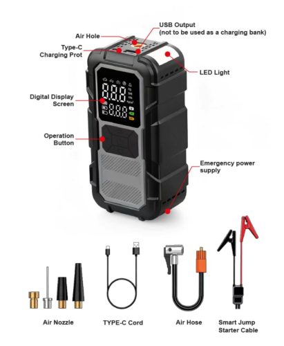   4 az 1-ben Intelligens Jumper/Starter és Kompresszor - 1000A - 8000mAh - 100W