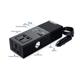  63011 12/24V Autós inverter 200W átalakító AC 220V-ra, 2 hálózati csatlakozóval, 2 USB - 1 Type-C porttal és 1 szivargyújtó aljzat