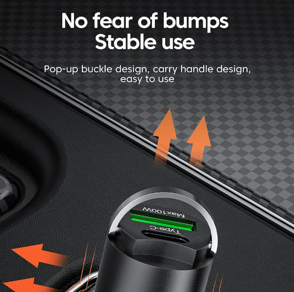13313 - 2 portos MAX 100W-os autós gyorstöltő adapter - 12/24V – USB-A + USB-C (PD/QC)