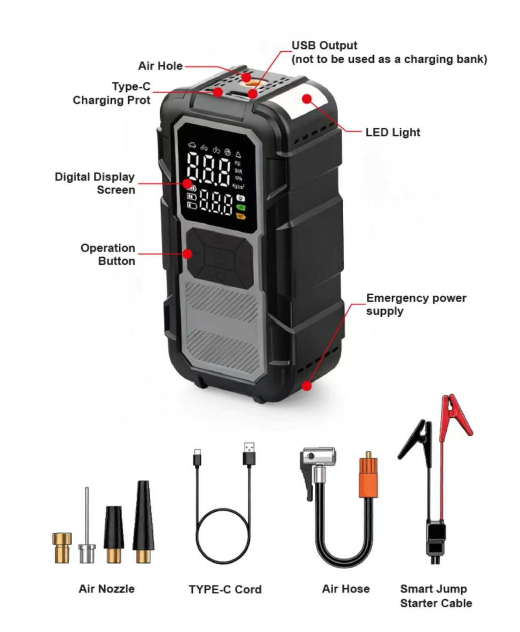  46021 -   4 az 1-ben Intelligens Jumper/Starter és Kompresszor - 1000A - 8000mAh - 100W